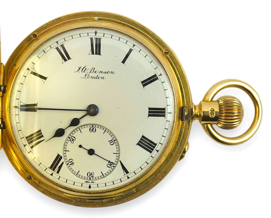 An Edwardian 18ct gold J.W. Benson half hunter keyless pocket watch